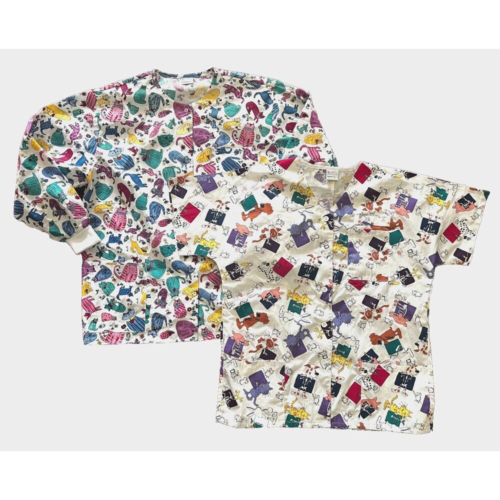 2pc Scrub Tops Shirts Veterinarian Medical Cats Animals X-Rays Adult L Colorful